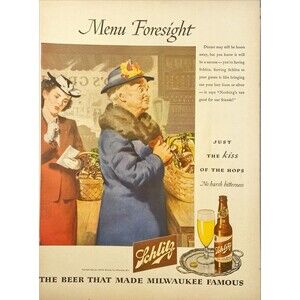 Schlitz Beer "Dinner will be a success with Schlitz" Illustration Print Ad 1946